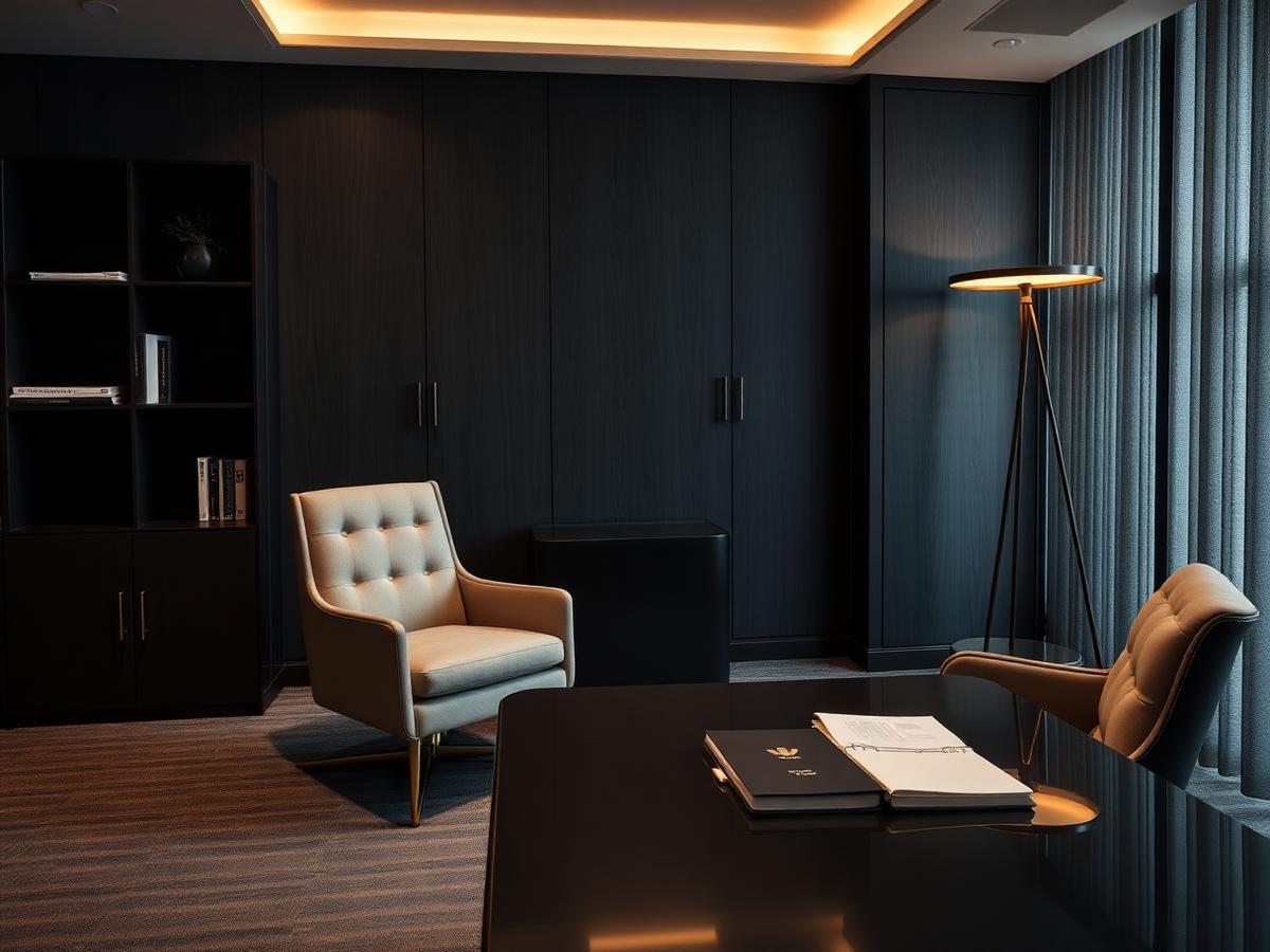Elegant consultation desk with passport and document folder under warm gold light