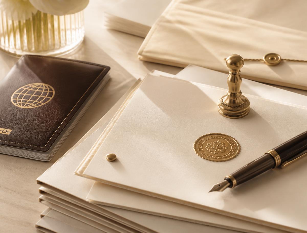 Official documents, a gold seal and a fountain pen arranged on an ivory desk
