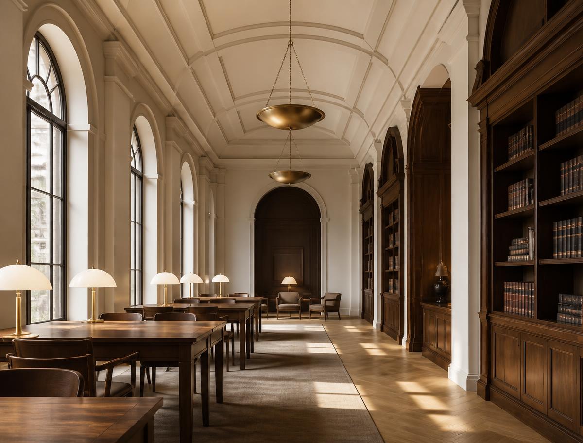 Warm, elegant university library interior with arched windows