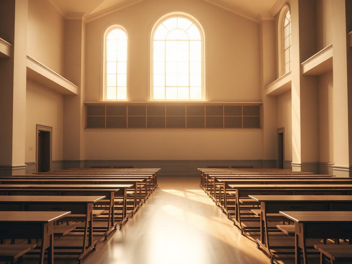 Sunlit examination hall with rows of wooden desks