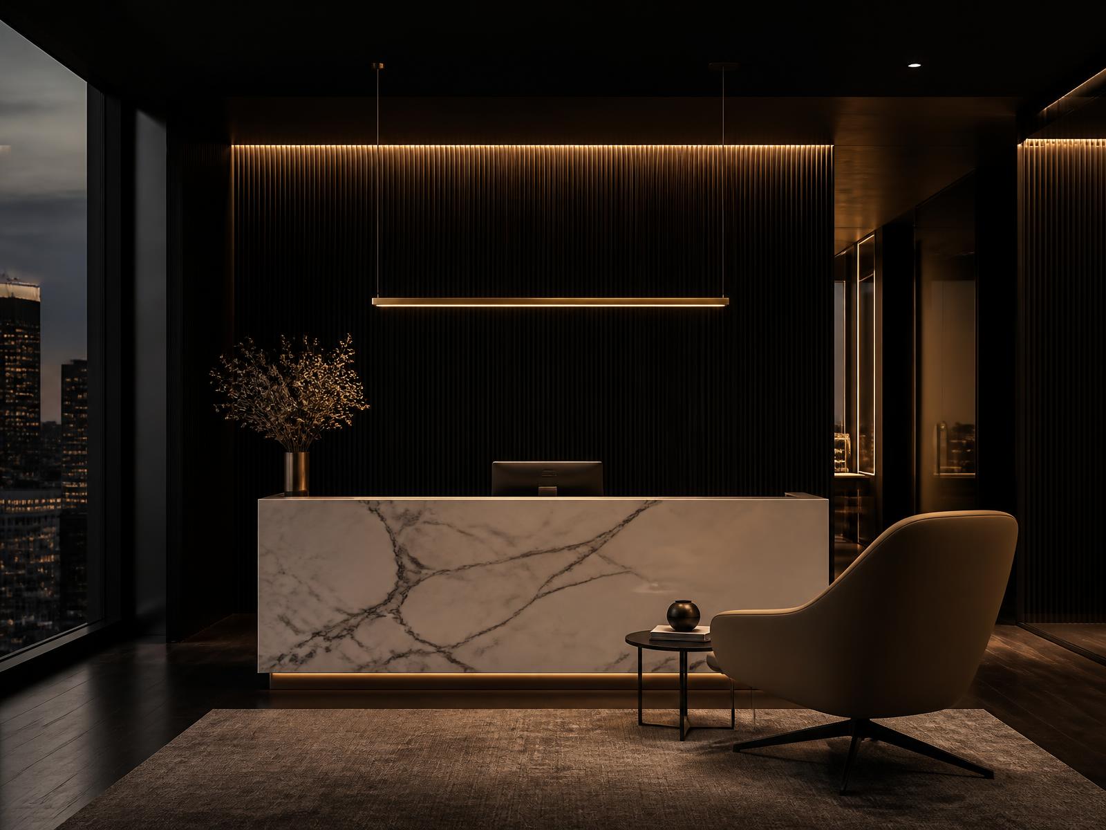 AREYA Global Services reception — dark architectural interior with warm champagne lighting