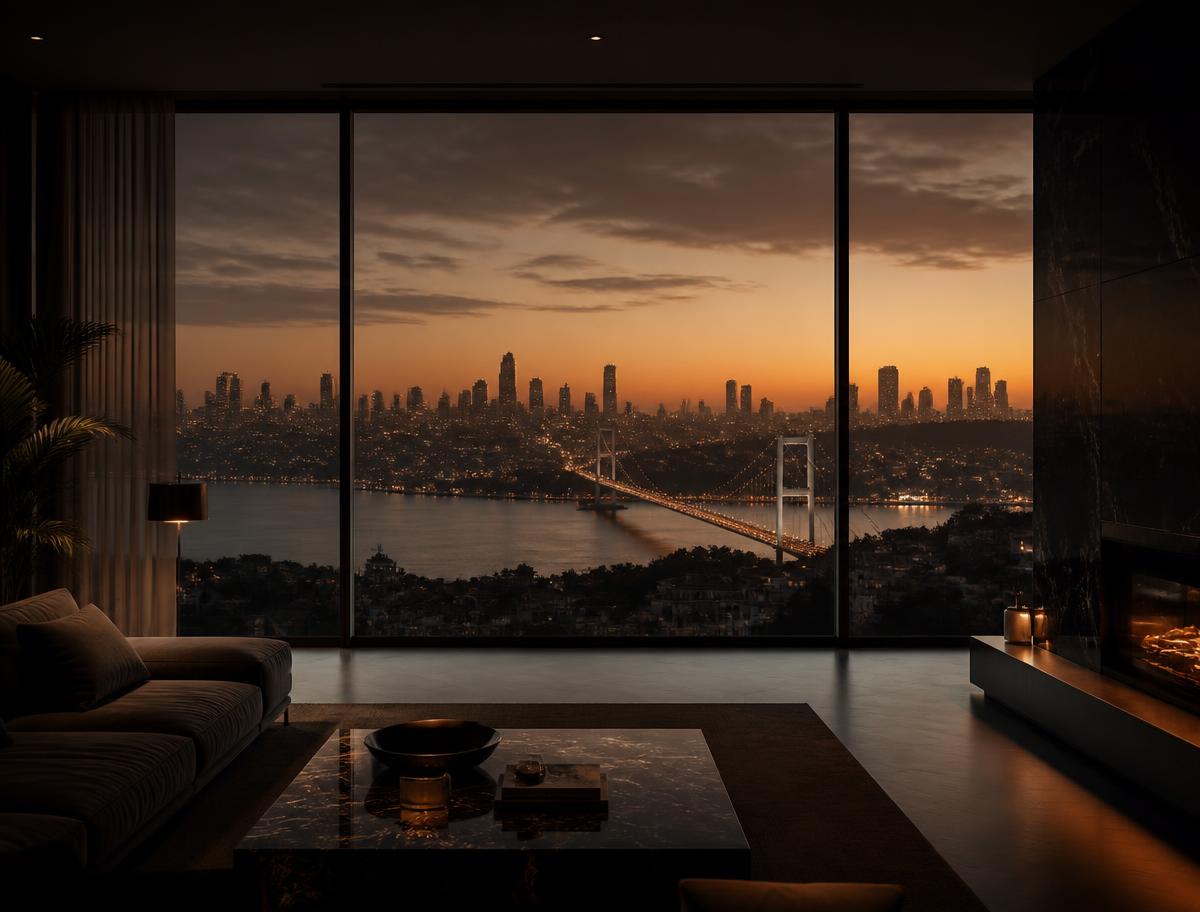 Istanbul skyline at dusk seen from a dark, warmly lit interior
