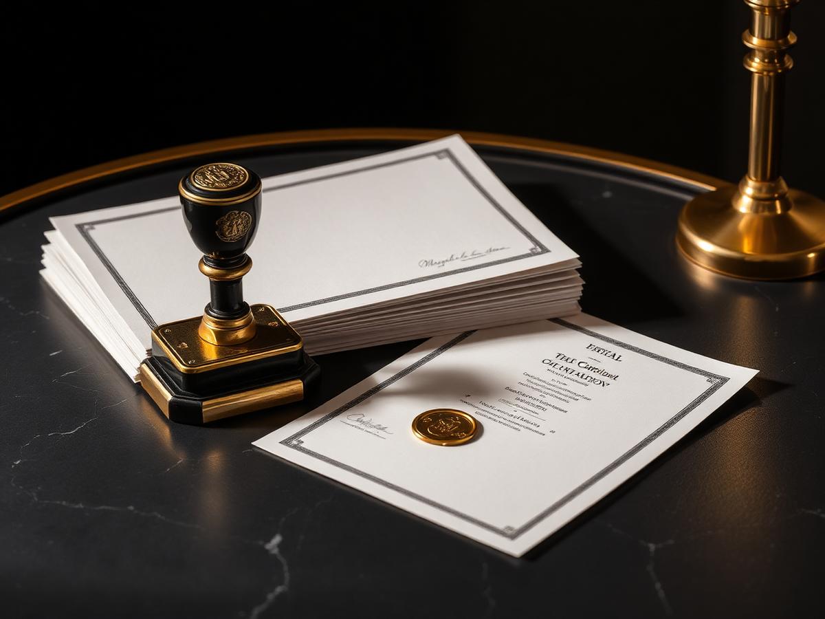 Notary seal and certified translation documents on a dark marble desk